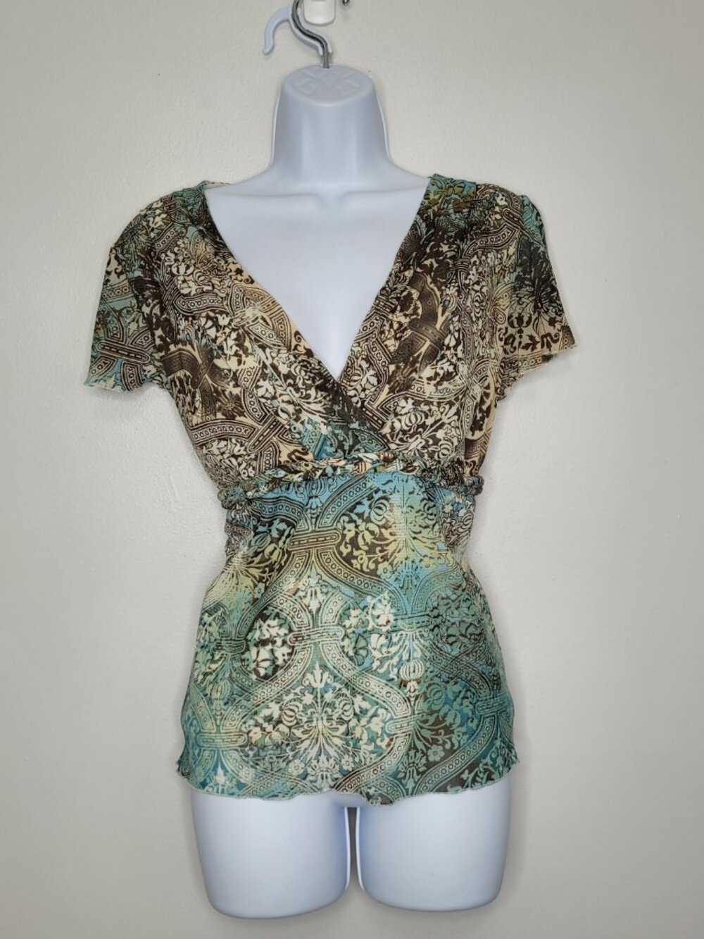 Axcess brown teal blue grunge fairy dark boho short sleeve witchy top large